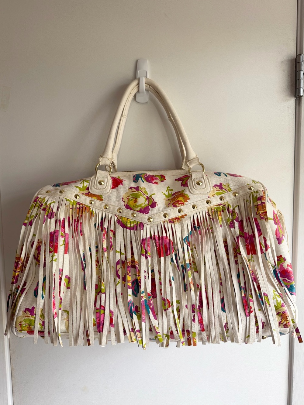 Vintage Betsey Johnson White leather floral fringe Weekender Bag